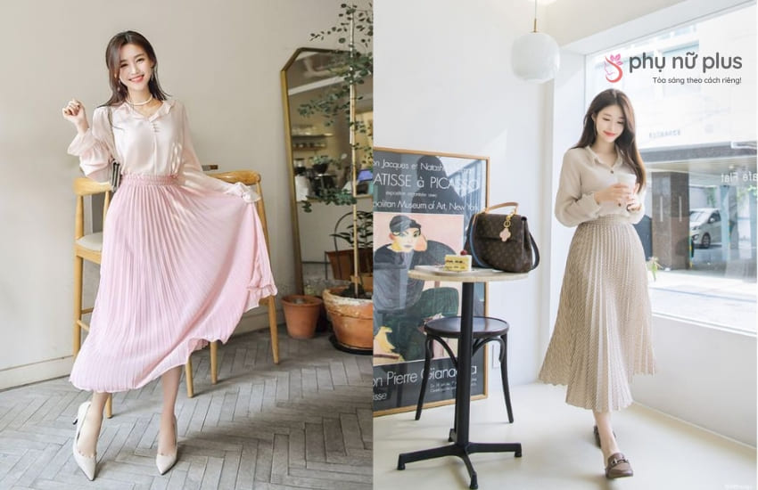 Chân váy xếp ly dài phối với áo sơ mi