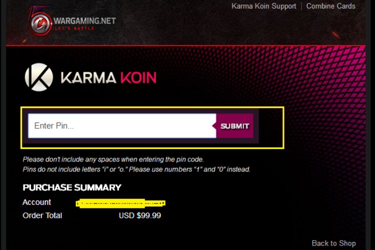 Nhập mã PIN để thanh toán khi mua bằng Karma Koin
